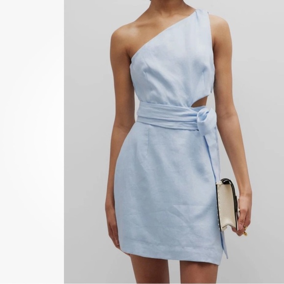 Bondi Born Mytros cutout blue 100% organic linen wrap sash mini dress - Picture 2 of 6